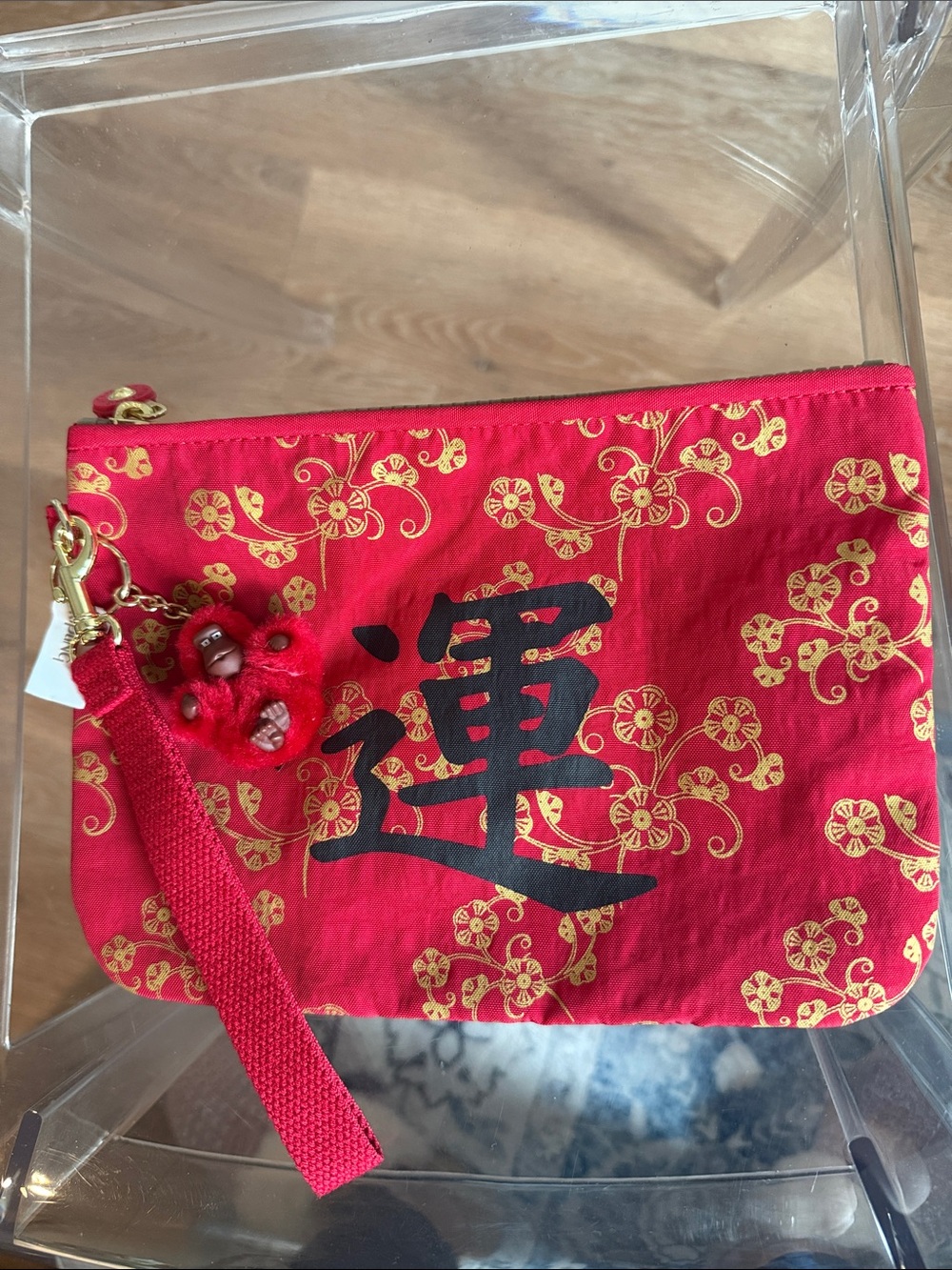 Kipling Red and Gold Floral Wristlet Clutch with Black Calligraphy